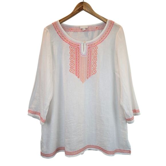 J. Jill White Linen Embroidery Peasant Boho Tunic Top Coastal White Coral Medium - Picture 1 of 7
